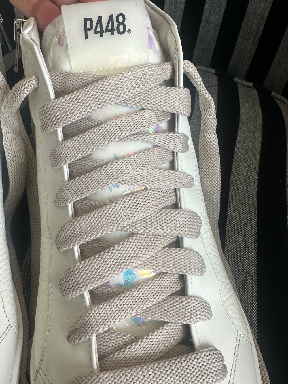 P448 Women’s White High-Top Sneakers with Taupe Laces - Picture 14 of 16